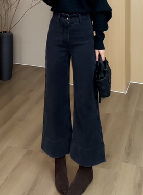 Ader烟灰色九分宽翻边牛仔裤2026春季新款时尚百搭显瘦阔腿直筒裤