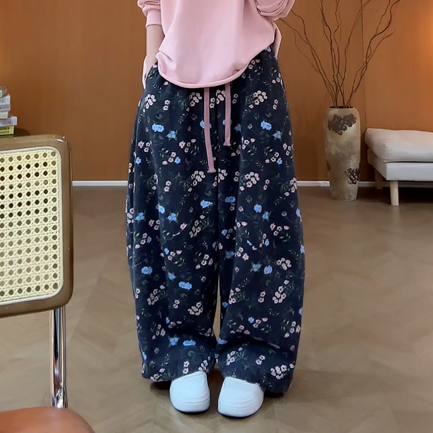 Ader韩系温柔甜美碎花休闲裤女2026秋季新款松弛慵懒风高腰阔腿裤