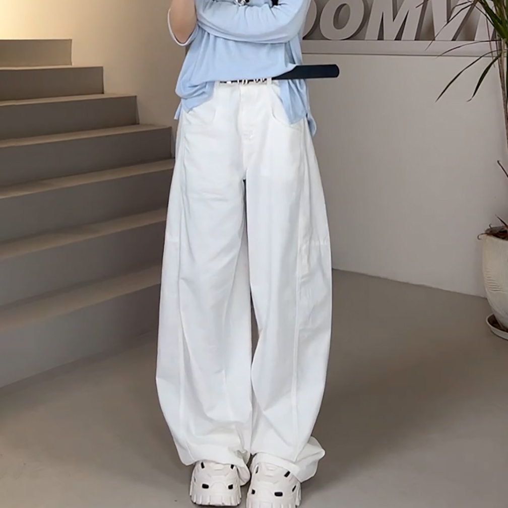 时尚潮流高腰宽松白色弯刀休闲裤