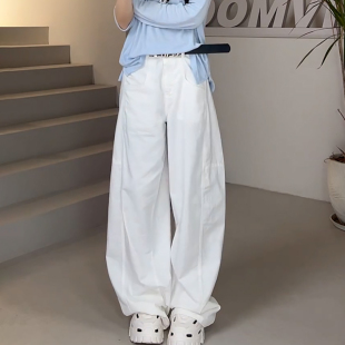 潮流高腰宽松百搭阔腿裤 时尚 女2025年春夏新款 Ader白色弯刀休闲裤