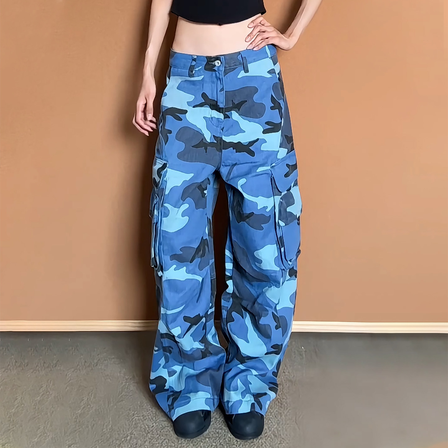 Ader美式潮酷风蓝色迷彩工装裤女2026秋季新款个性时髦阔腿拖地裤
