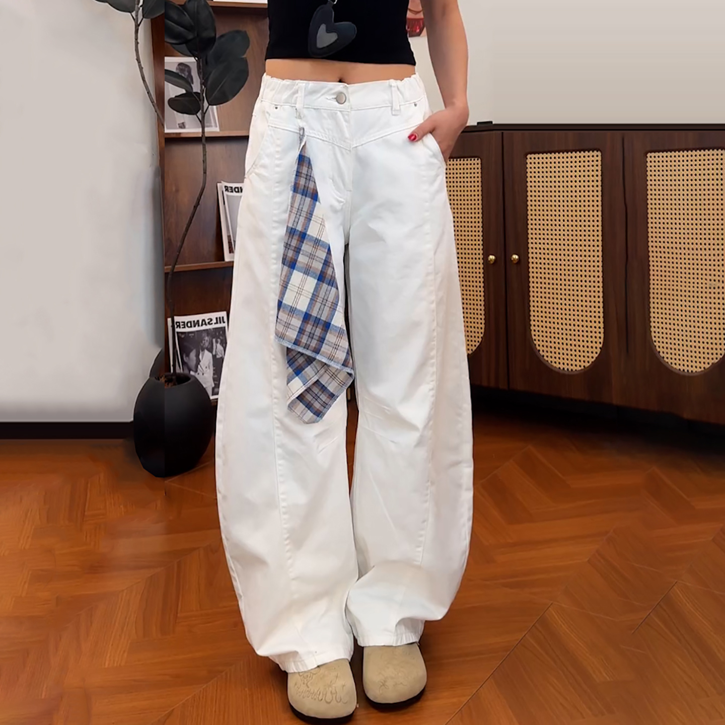 时尚潮流高腰宽松白色休闲工装裤
