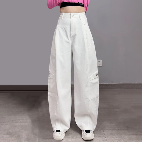 白色时尚简约高腰阔腿休闲工装裤
