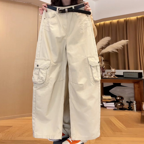 浅卡其百搭显瘦弯刀牛仔工装裤