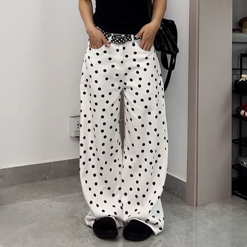 宽松显瘦时髦波点弯刀拖地阔腿裤