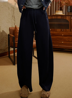 Ader藏蓝色松紧腰抽绳运动休闲裤女2025秋季新款百搭显瘦弯刀裤子