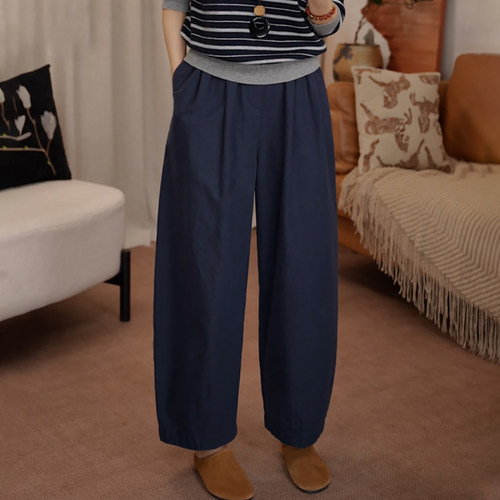 时尚百搭藏青色九分阔腿弯刀裤女