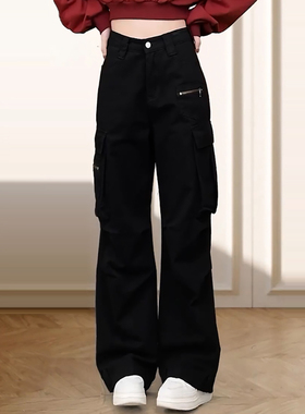 Ader黑色美式阔腿工装裤女2025秋季新款百搭高腰显瘦直筒休闲裤子