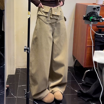 真两件屁帘加绒牛仔阔腿弯刀裤