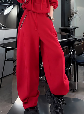 Ader红色运动休闲卫裤女2026春季新款高腰宽松垂感百搭阔腿弯刀裤