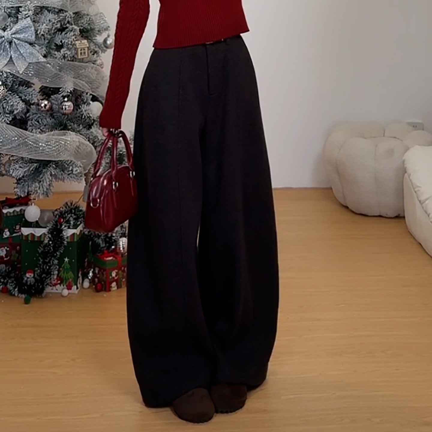 咖色加绒毛呢宽松阔腿弯刀休闲裤