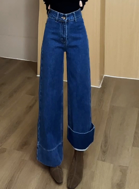 Ader高腰显瘦牛仔裤女2026春季新款深蓝色时尚百搭卷边直筒阔腿裤