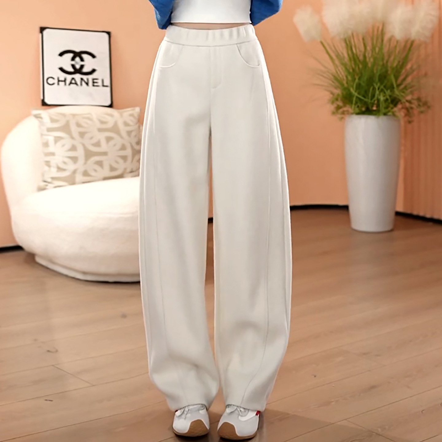 百搭简约米白色混纺绵羊毛休闲裤