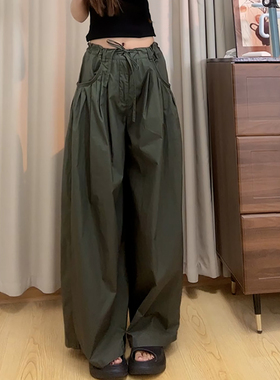 Ader韩系慵懒风阔腿裤女2025年夏季薄款宽松遮胯军绿色百搭休闲裤