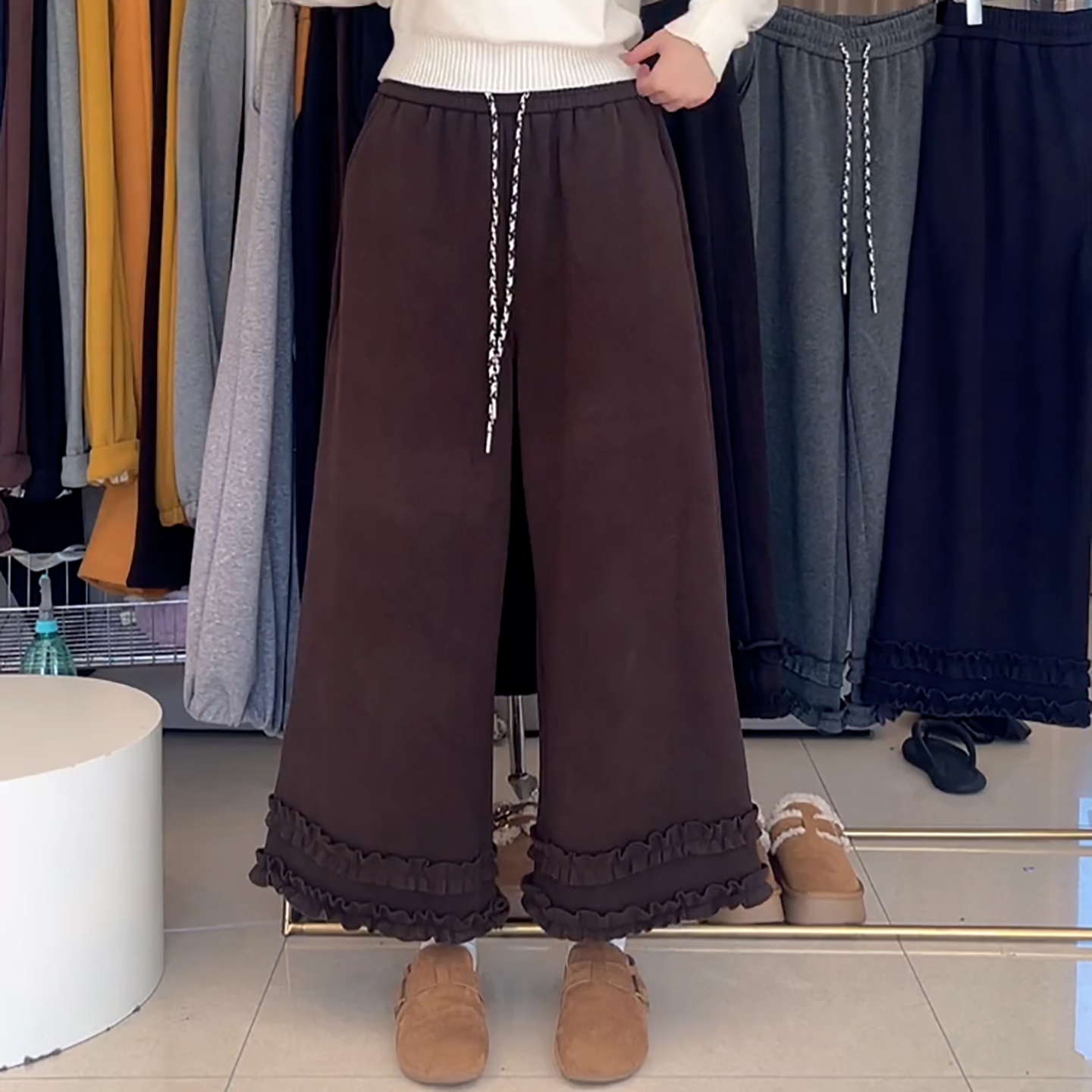 加厚奥羊绒九分花边加绒阔腿裤女