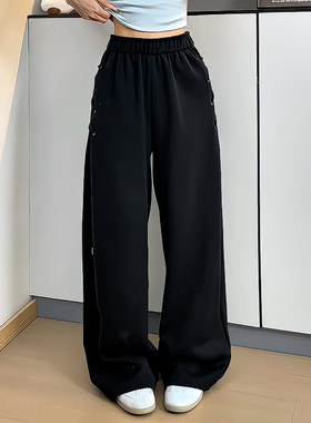 Ader潮流辣妹个性绑带休闲裤女2026夏季新款宽松黑色小众阔腿长裤