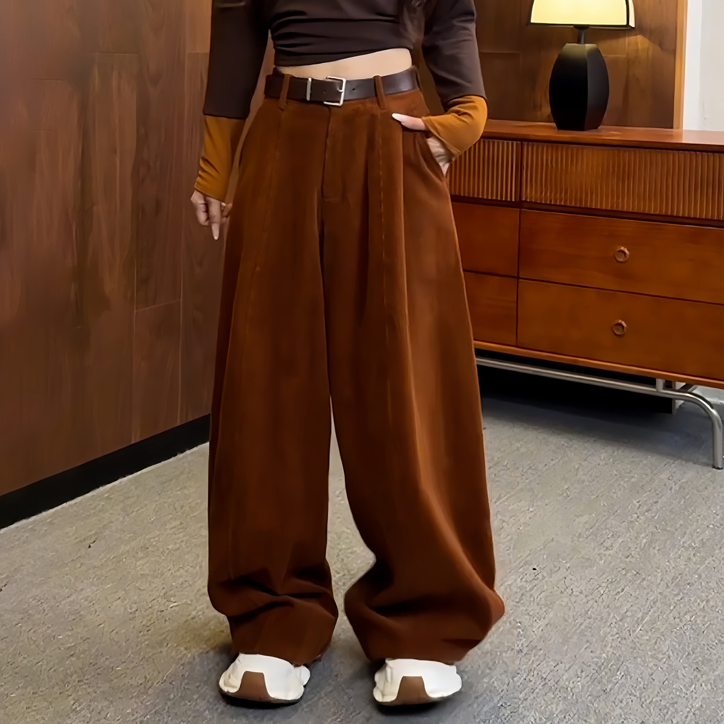 Ader焦糖色灯芯绒阔腿裤女2025秋冬新款加厚百搭遮胯显瘦休闲长裤,女装/女士精品,大码裤装,淘宝优惠券,粉丝福利购,淘宝优惠卷