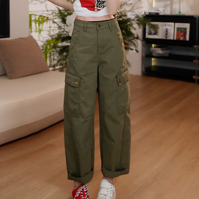 军绿色宽松百搭显瘦九分直筒裤