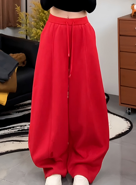 Ader红色松紧腰抽绳加绒加厚卫裤女2025冬季新款宽松阔腿休闲裤潮