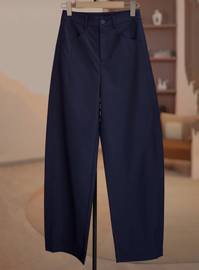 Ader气质高腰藏青色弯刀休闲裤女2026早春新款时尚百搭显瘦直筒裤