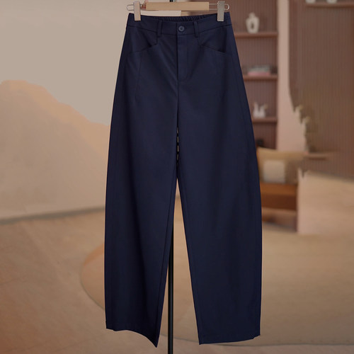 气质高腰藏青色显瘦弯刀休闲裤女