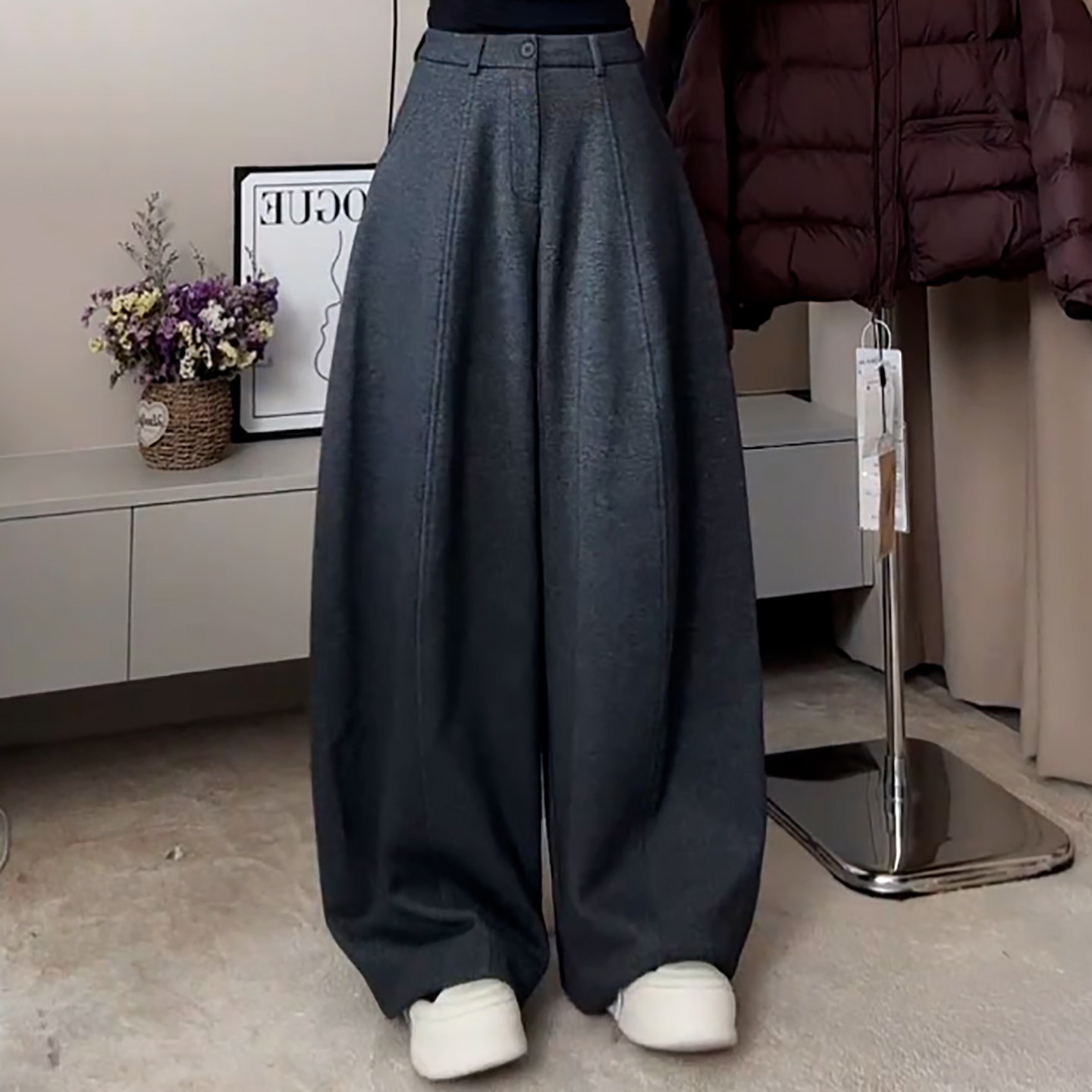 时尚百搭深灰色加绒加厚阔腿裤女