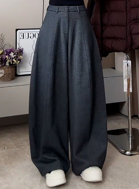 Ader深灰色加绒加厚阔腿裤女2025冬季新款时尚百搭保暖休闲弯刀裤