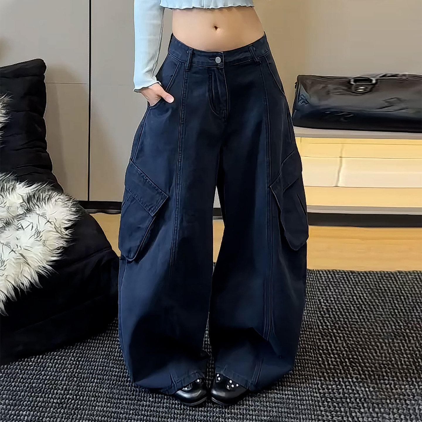 Ader潮酷辣妹风工装阔腿裤女2026秋季新款舒适松弛显瘦个性拖地裤