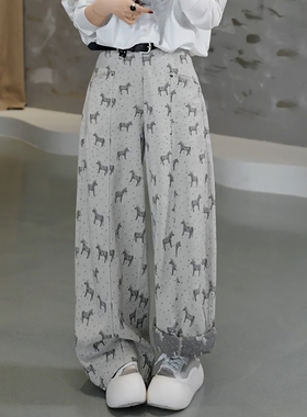 Ader休闲裤女2026春季新款灰色小马提花时尚百搭显瘦垂感阔腿裤