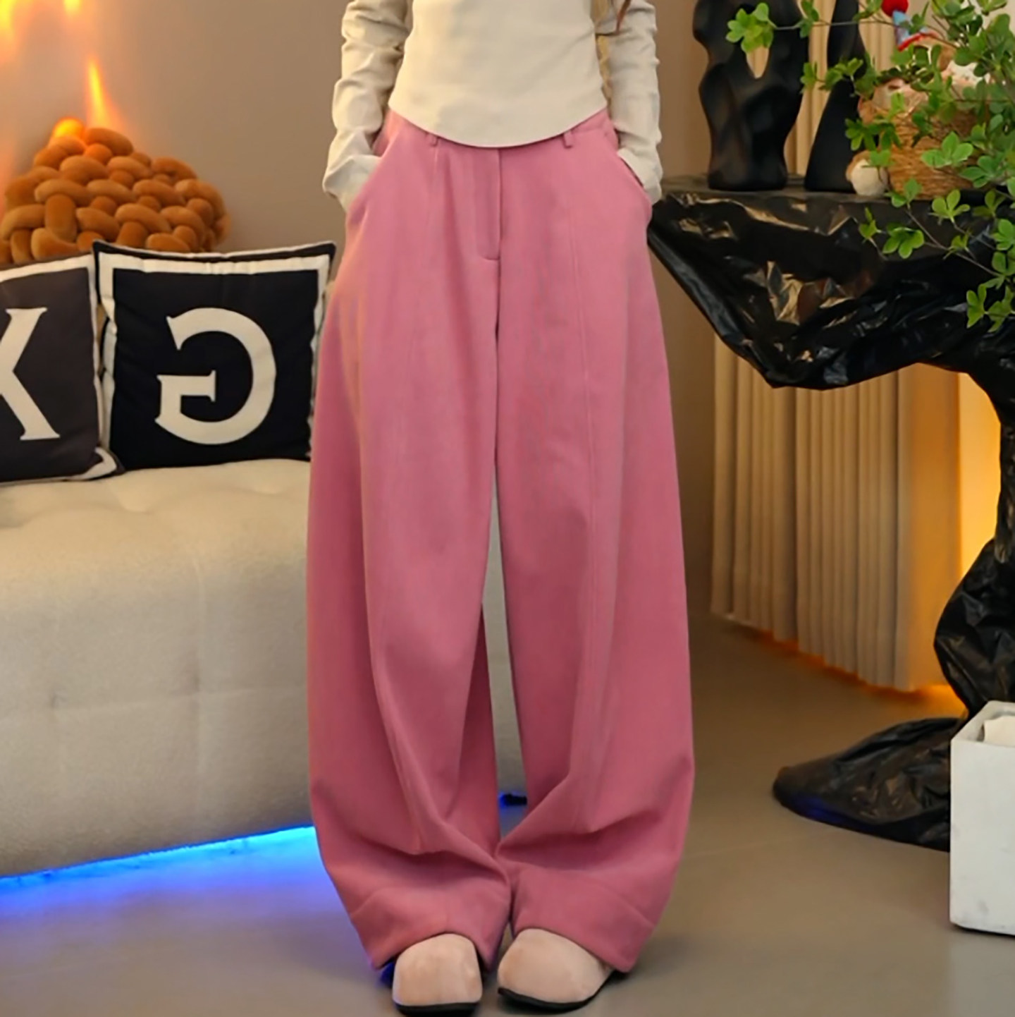 Ader红粉色灯芯绒阔腿裤2026春季新款高腰宽松慵懒舒适减龄休闲裤,女装/女士精品,大码裤装,淘宝优惠券,粉丝福利购,淘宝优惠卷