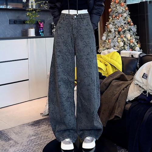 高腰百搭加绒加厚提花阔腿牛仔裤