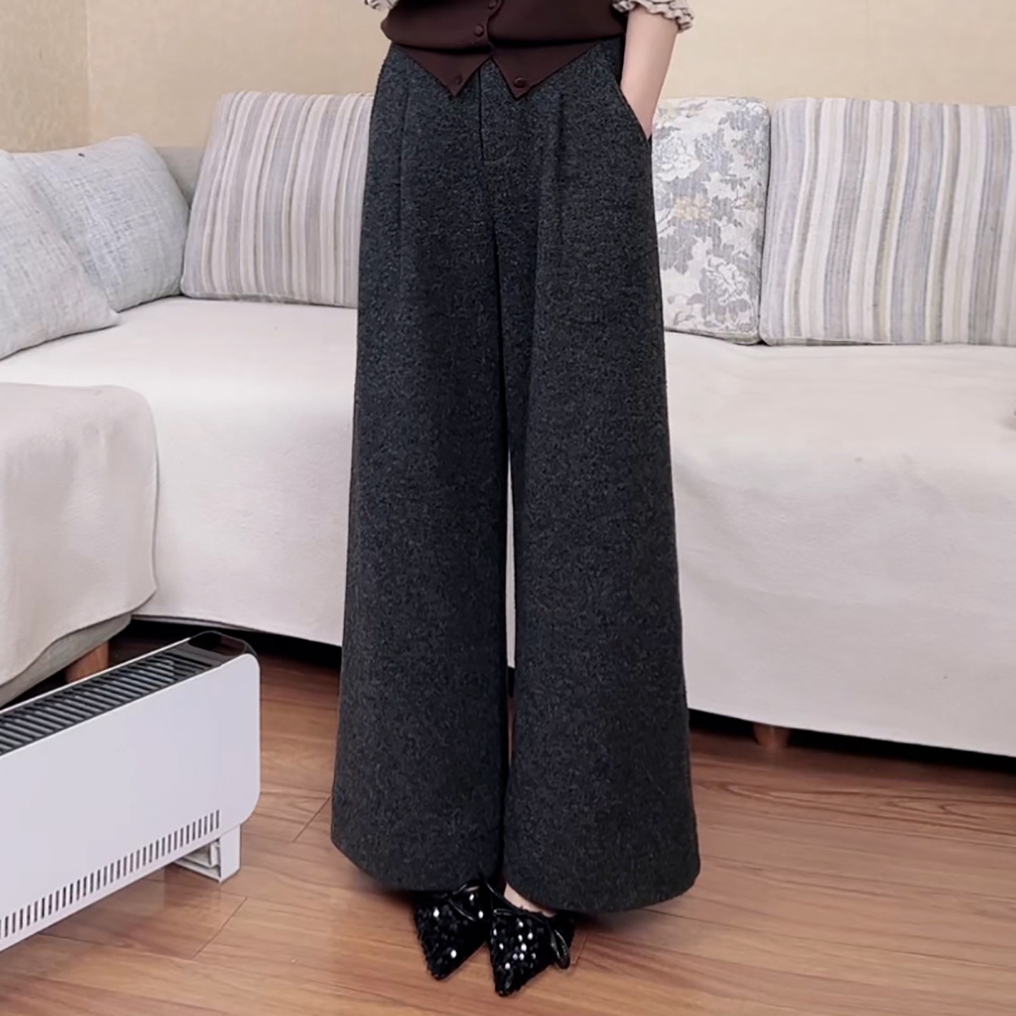 Ader灰色毛呢阔腿裤2025冬季新款气质简约百搭显瘦垂感直筒休闲裤,女装/女士精品,大码裤装,淘宝优惠券,粉丝福利购,淘宝优惠卷