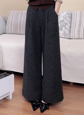 Ader灰色毛呢阔腿裤2025冬季新款气质简约百搭显瘦垂感直筒休闲裤