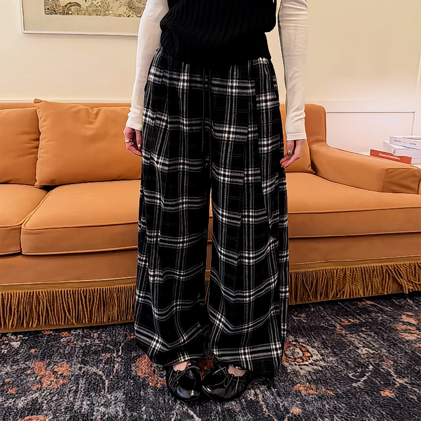 Ader复古格纹阔腿裤女2026秋冬新款高腰松弛慵懒风百搭休闲拖地裤