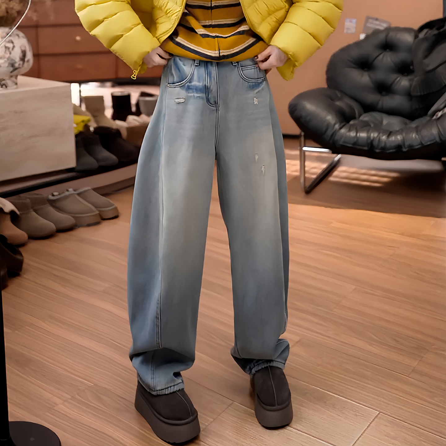 美式复古水洗牛仔加绒阔腿弯刀裤