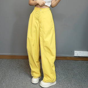 洋气高腰宽松运动阔腿弯刀裤 Ader黄色休闲裤 时尚 女2025年夏季 薄款
