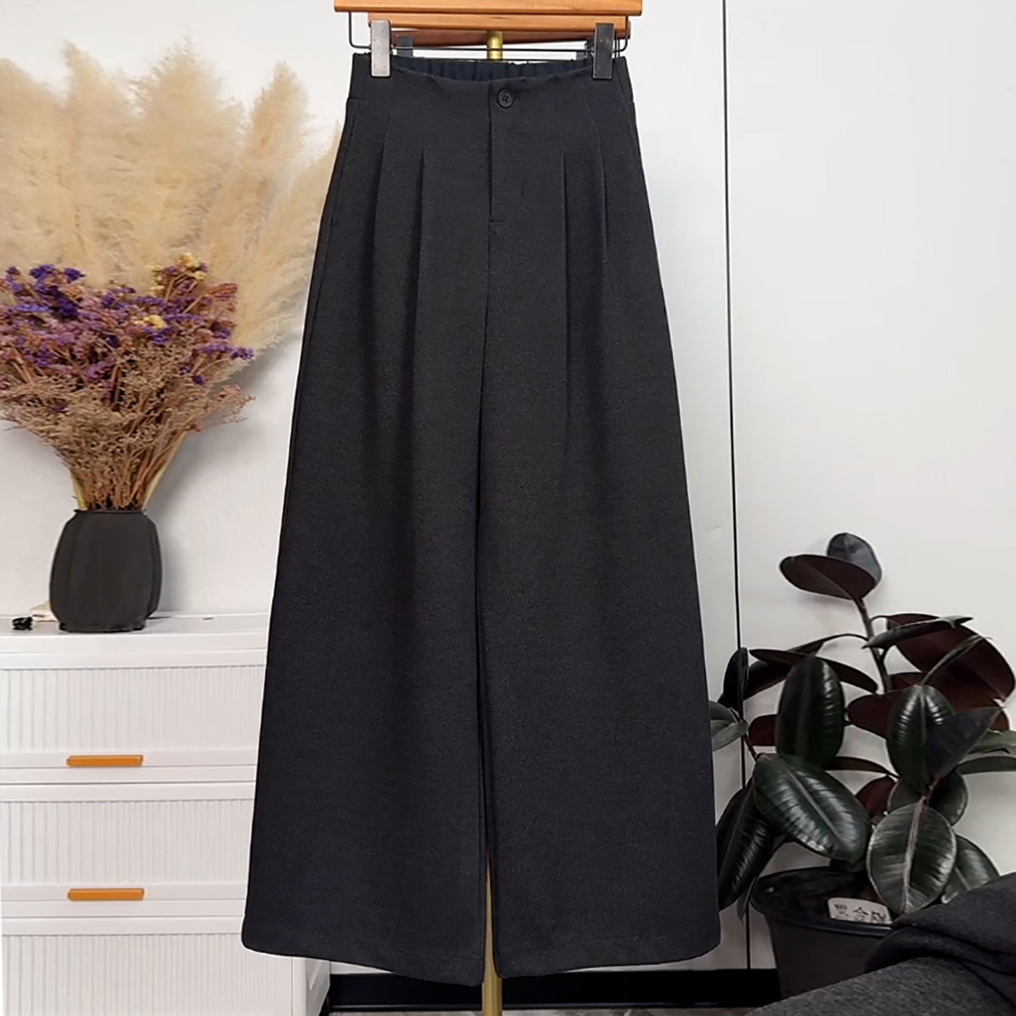 Ader韩版毛呢深灰色捏褶阔腿裤女2025冬季新款百搭显瘦直筒休闲裤,女装/女士精品,大码裤装,淘宝优惠券,粉丝福利购,淘宝优惠卷