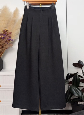 Ader韩版毛呢深灰色捏褶阔腿裤女2025冬季新款百搭显瘦直筒休闲裤