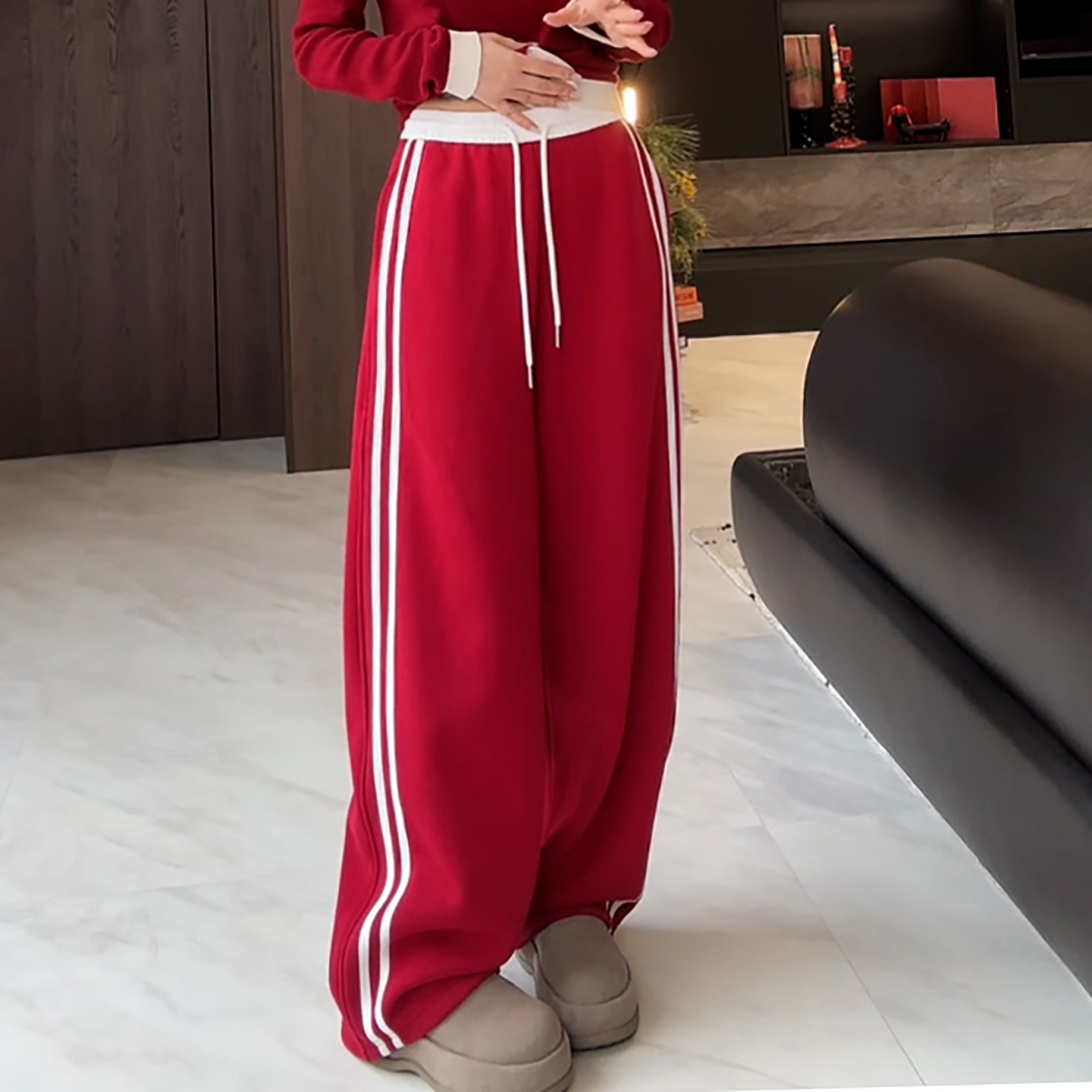 Ader红色拼接腰头抽绳条纹运动卫裤女2026春季新款阔腿百搭休闲裤,女装/女士精品,大码裤装,淘宝优惠券,粉丝福利购,淘宝优惠卷