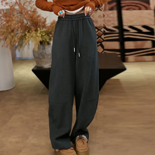 松紧腰抽绳加绒百搭阔腿休闲卫裤