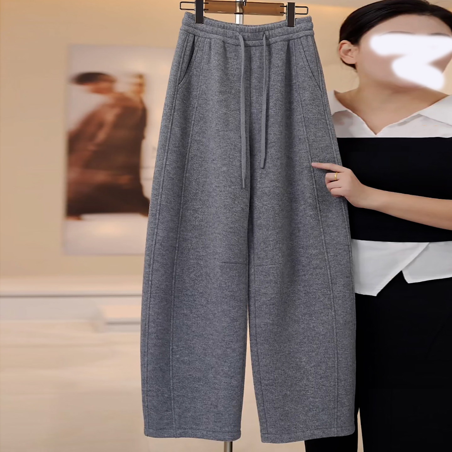 Ader加绒保暖毛呢休闲裤女2025冬季新款松紧腰抽绳百搭显瘦弯刀裤,女装/女士精品,大码裤装,淘宝优惠券,粉丝福利购,淘宝优惠卷