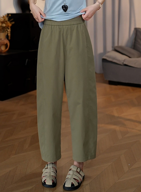 Ader时尚简约九分休闲裤女2025夏季薄款军绿色宽松百搭显瘦弯刀裤
