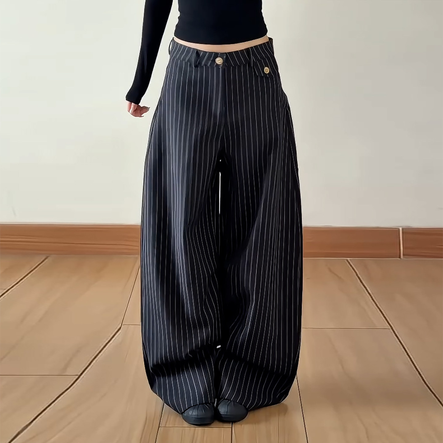 Ader美式条纹休闲西裤女2026秋冬新款舒适百搭显瘦垂感阔腿拖地裤