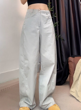 Ader浅灰色阔腿休闲裤女2025夏季新款高腰窄版直筒遮胯显瘦弯刀裤