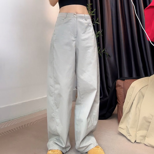 浅灰高腰直筒遮胯显瘦色休闲裤女