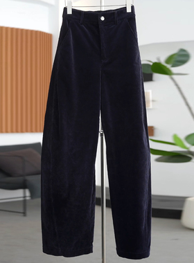 Ader藏青色复古灯芯绒弯刀裤女2026春季新款高腰宽松百搭显瘦裤子