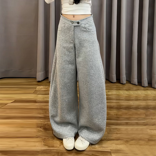宽松显瘦个性双扣高腰弯刀阔腿裤