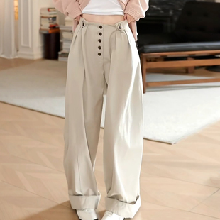 Ader浅卡其排扣腰头设计阔腿裤 韩版 宽松拖地休闲裤 女2026春夏新款