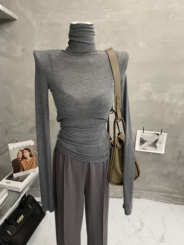 长袖薄款女修身堆堆领打底衫T恤