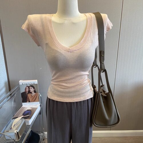 韩系V领短袖T恤薄款修身打底上衣